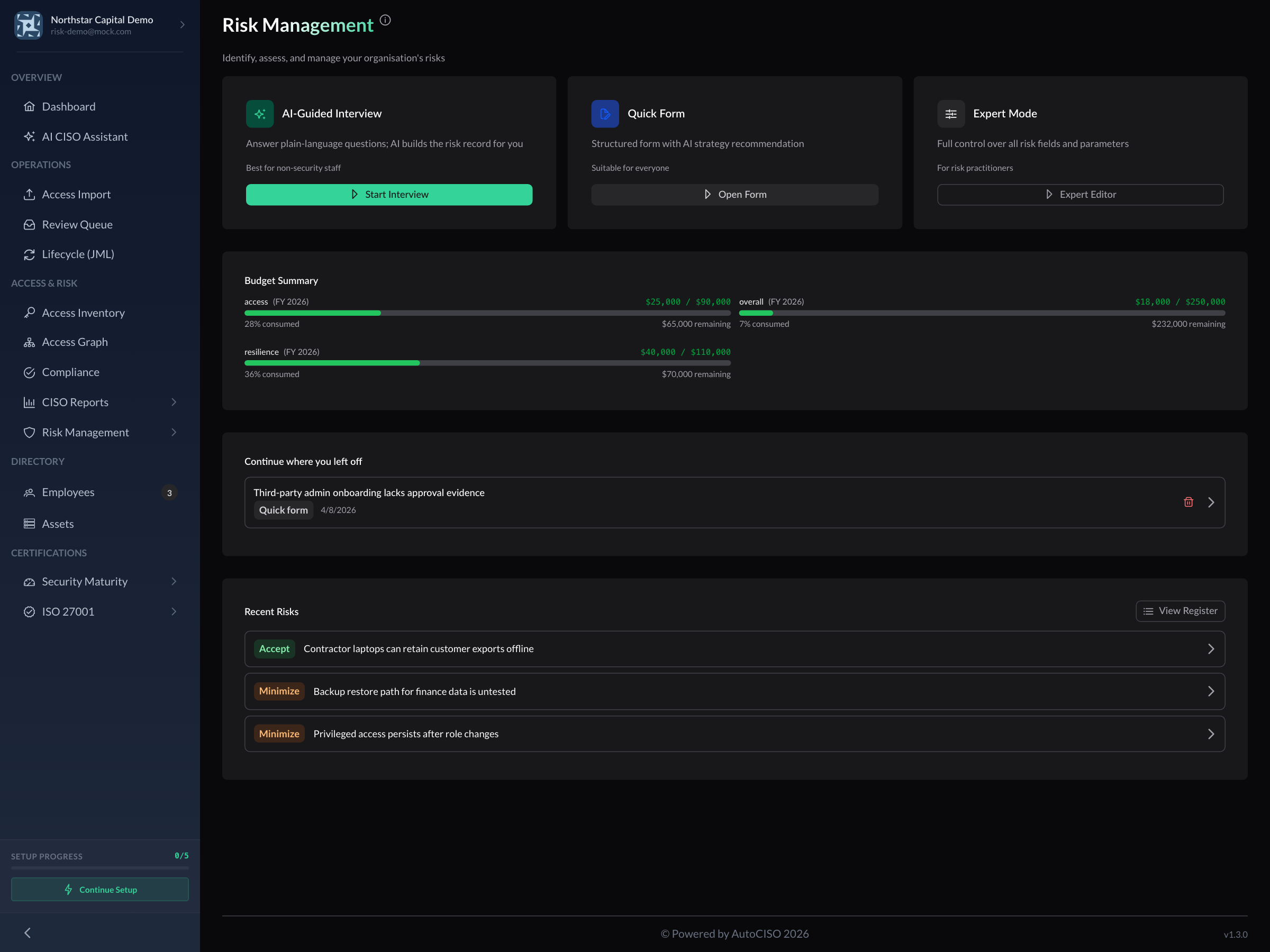 Risk Management Workspace — guided intake, active draft, recent risks, and budget summary