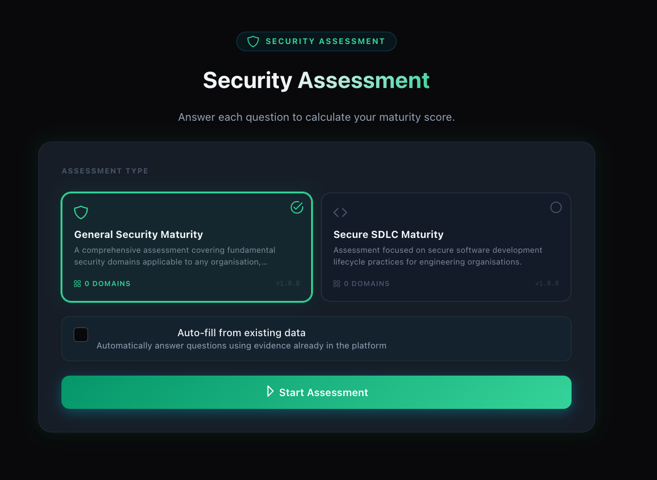 Assessment creation flow showing template selection, auto-evaluation enabled, and the question runner used to create a maturity snapshot.
