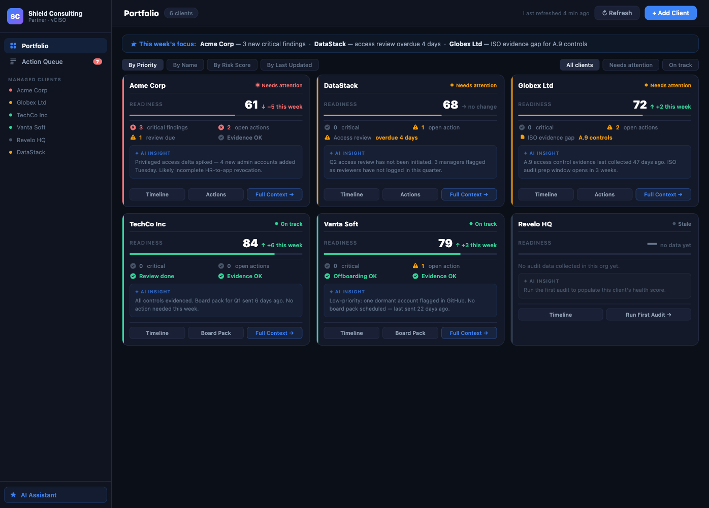 vCISO Partner Portal — portfolio risk board